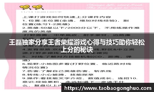王磊独家分享王者荣耀游戏心得与技巧助你轻松上分的秘诀